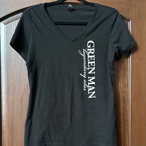 Green Man Brewing Asheville NC. Black V-Neck T-Shirt with White and green Text